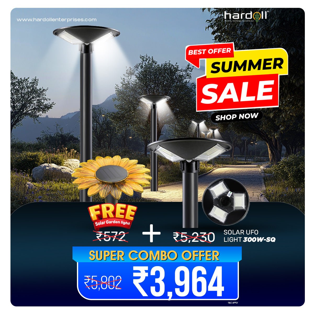 NovusTech 300W Solar UFO Garden Light – Waterproof LED | Solar Light for Home & Garden Outdoor India (Cool White)